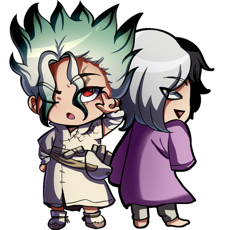 Senkuu and Gen This chibi was made for a convention to be gifted in sticker form!